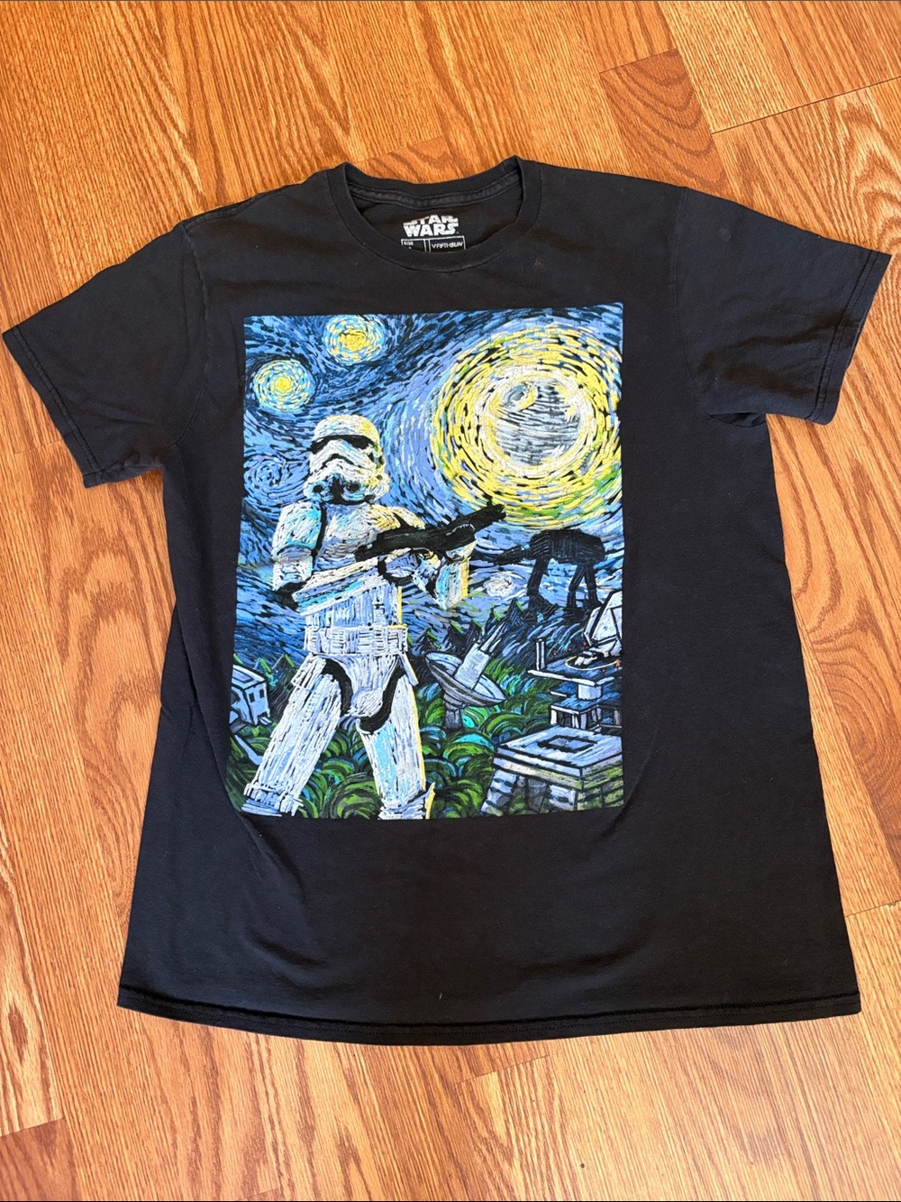 Star Wars Black Tee with Blue and Yellow Van Gogh Stormtrooper Art